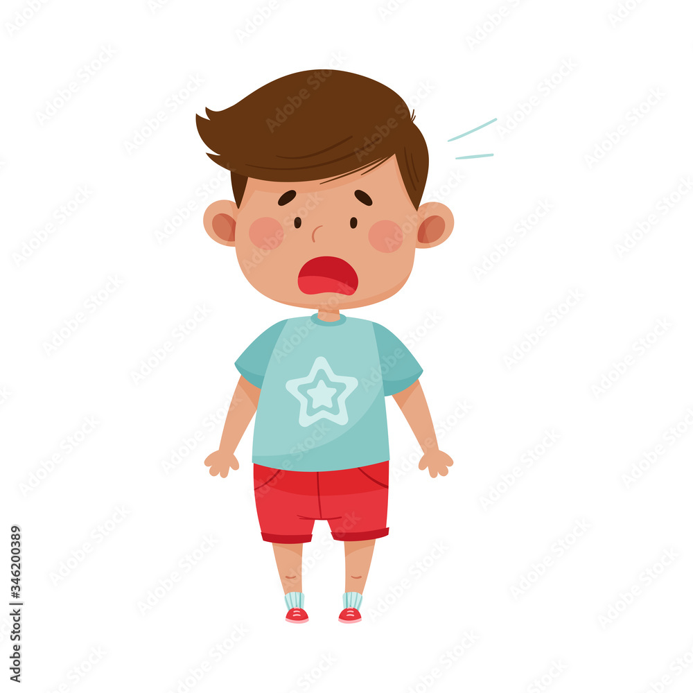 Dark Haired Boy Wearing Red Shorts Freezing Showing Scared Expression on His Face Vector Illustration Dark Haired Boy Wearing Red Shorts Freezing Showing Scared Expression on His Face Vector Illustration