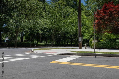 Intersection of two streets in an urban city landscape, park with trees and bushes, creative copy space, horizontal aspect