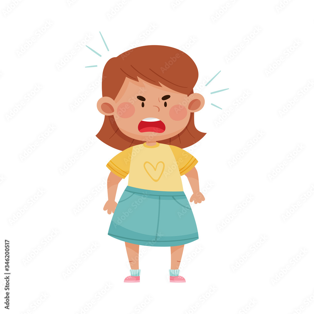 Short Haired Girl in Blue Skirt Screaming with Anger and Showing Fierce Expression on Her Face Vector Illustration Short Haired Girl in Blue Skirt Screaming with Anger and Showing Fierce Expression on Her Face Vector Illustration