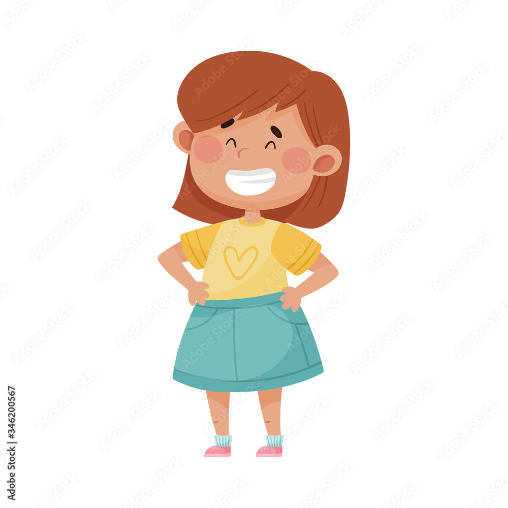 Little Girl Wearing Blue Skirt Smiling Showing Happy Expression on Her Face Vector Illustration Little Girl Wearing Blue Skirt Smiling Showing Happy Expression on Her Face Vector Illustration