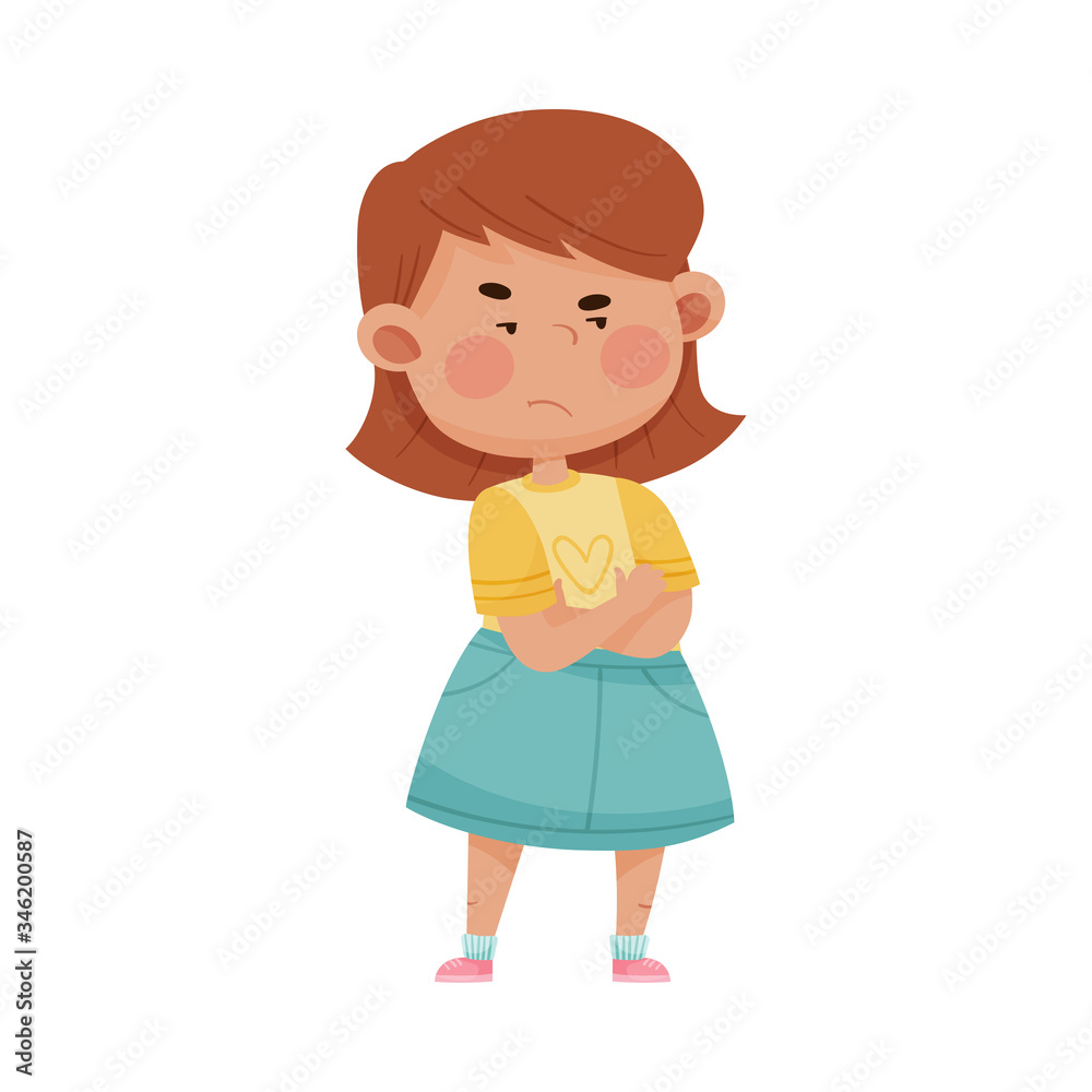 Short Haired Girl in Blue Skirt Folding Her Arms on the Chest Showing Dissatisfied Expression on Her Face Vector Illustration Short Haired Girl in Blue Skirt Folding Her Arms on the Chest Showing Dissatisfied Expression on Her Face Vector Illustration