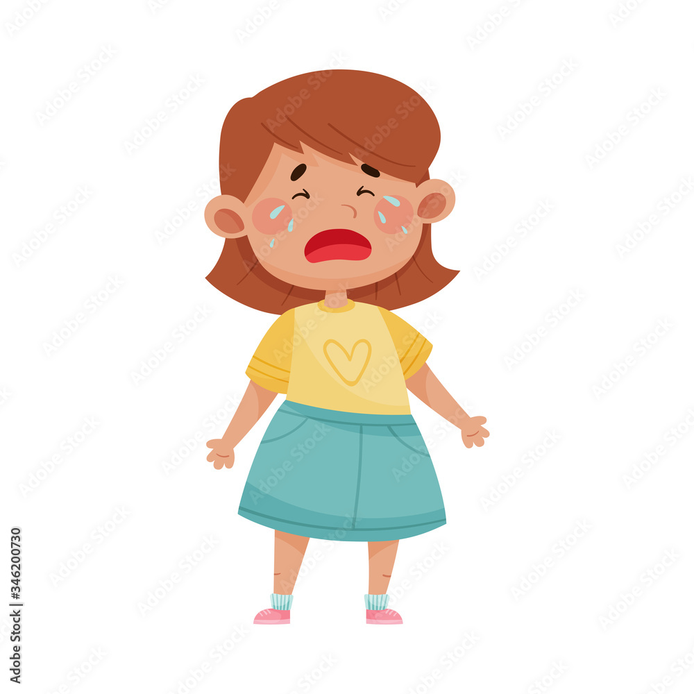 Short Haired Girl in Blue Skirt Standing and Crying Vector Illustration