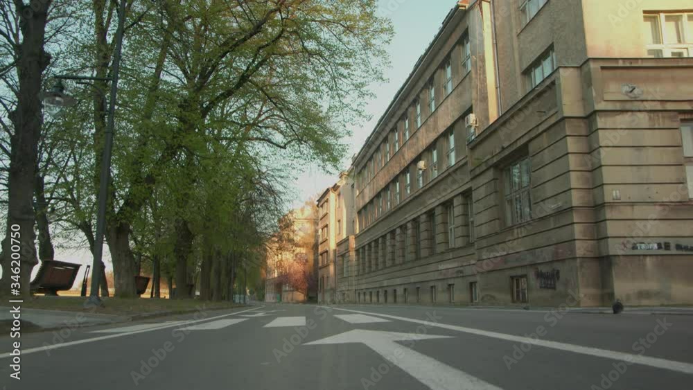 Empty bike path in the old european city, empty street without people. Beautiful old buildings. The city of Uzhgorod. 