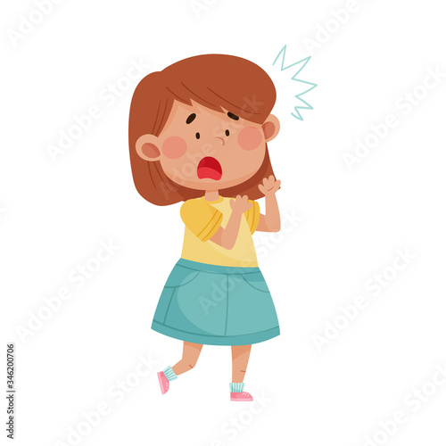 Short Haired Girl in Blue Skirt Freezing Showing Scared Expression on Her Face Vector Illustration