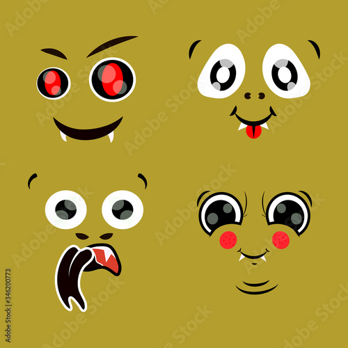 isolated vector image of cartoons, different types of emotions: cunning, delight, amazement, happy face. Cute emoticons, images for a character, monster, or creature concept. 