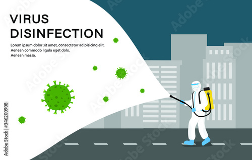 Coronavirus pandemic bacteria with man in protective hazmat suit are cleaning and disinfecting coronavirus.