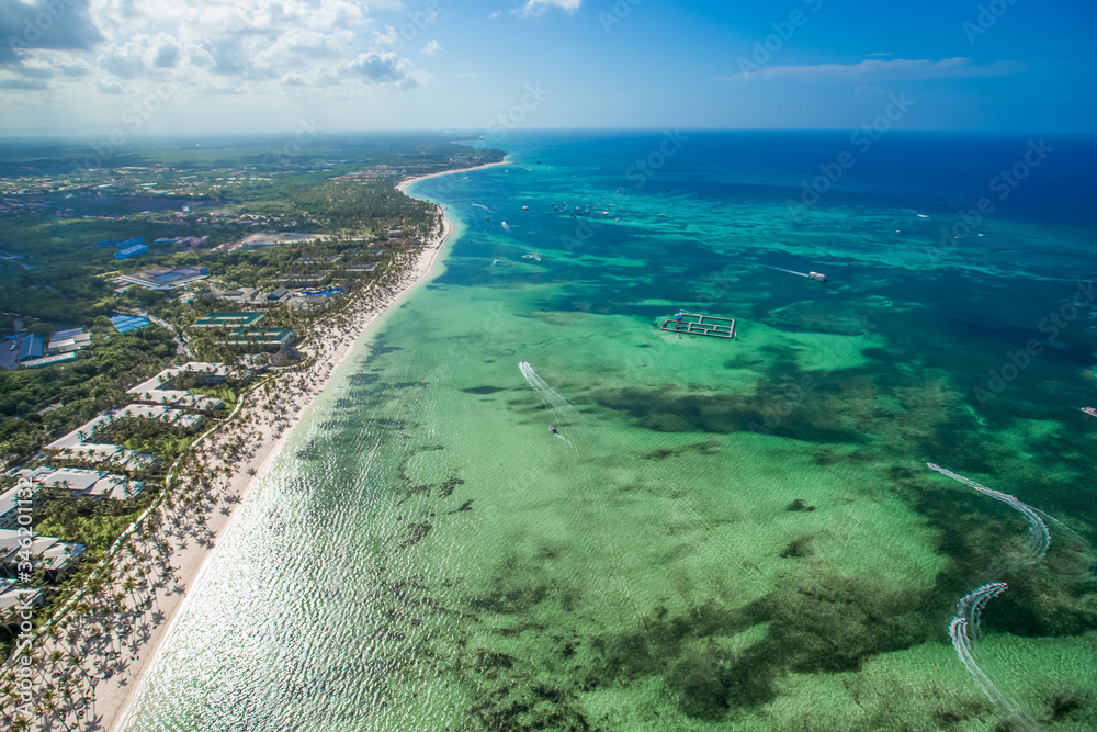 Punta Cana Bavaro beach aerial drone view  on tropical coastline in Cortecito area, Dominican republic  