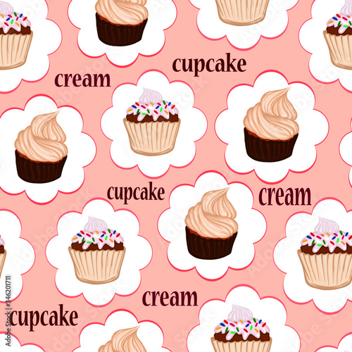 seamless pattern of cupcakes with cream muffin vector sweets dessert baking delicacy picture food color illustration festive confectionery background postcard banner
