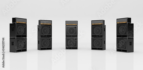 Guitar amplifiers stand in a semicircle in a white room. 3D Render.