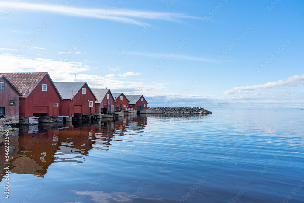 Fishing village on the Baltic coast. View from the bay. Scandinavian landscape. Swedish coast.