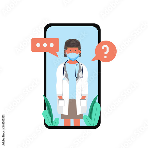 Flat illustration female doctor on screen smart phone for online video consultation