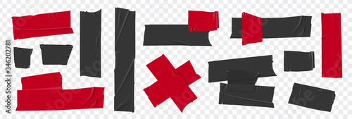 Set masking tape. Torn tape. Vector realistic black adhesive and red masking tape pieces. Isolated vector illustration