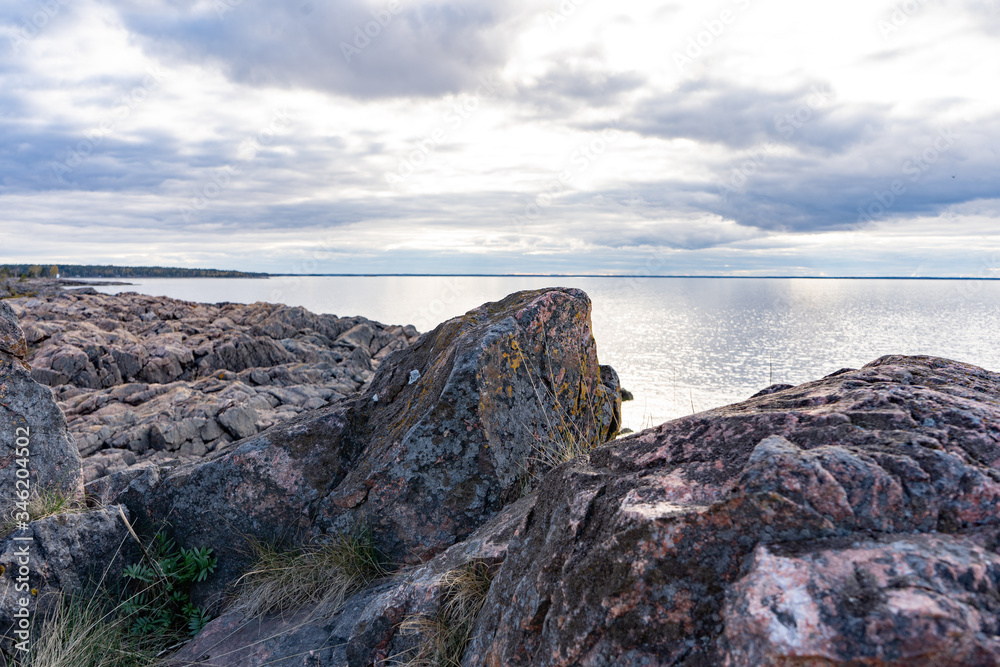 Rocky shore of the Baltic Sea (Ostersjon). Photo of Scandinavian nature. Swedish coast.