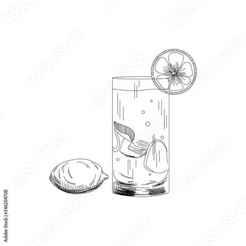 Cocktail mojito hand drawn vector illustration. Sketch illustration for cocktail cards. Mojito classic cocktail. Cartoon style. Isolated on white background.