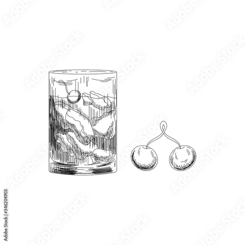 Old fashioned cocktail sketch, consisting of Bourbon, Angostura Bitter, sugar cubes, a few drops of water, ice cubes, orange, maraschino cherry.