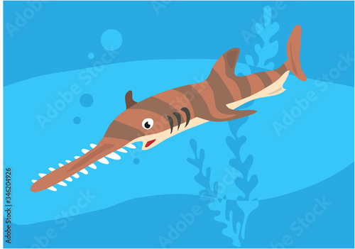 Vector image of fish sawfish on blue background with silhouette of waves and algae. Gift card for collecting for children.