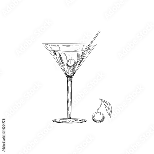 Manhattan cocktail, vector sketch hand drawn illustration, fresh summer alcoholic drink with cherry on white background