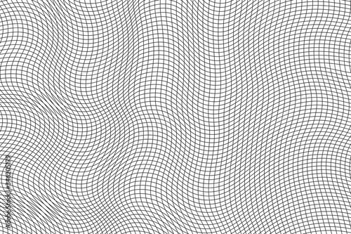 Abstract black and white wavy grid background. The geometric squared pattern. 3d vector mesh illustration. Distorted monochrome texture. Stripe deformation background. Dynamical rippled surface. 