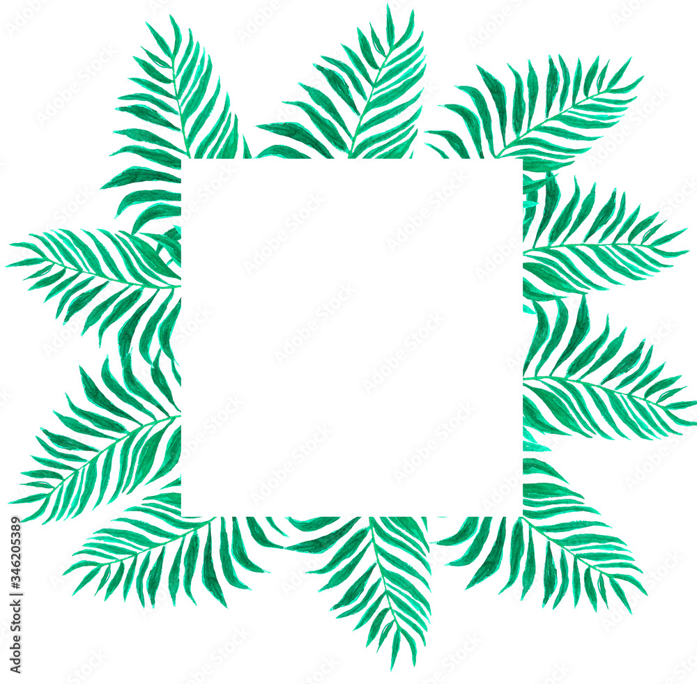 Frame of palm leaves in watercolor style. A bright green tropical frame for a postcard, web design, or social media post.