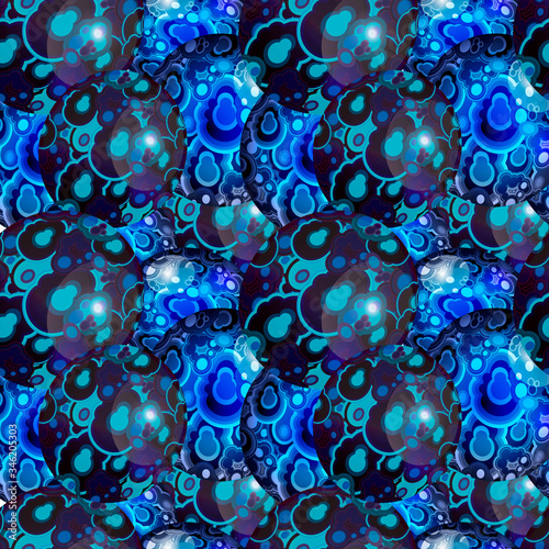 Seamless pattern with blue malachite. Semi-precious round polished stones. Nuggets  geological samples  polished jewelry. Texture with bright blue stones  spots  stripes  metal inclusions.