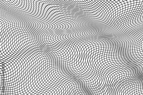 Abstract black and white wavy grid background. The geometric squared pattern. 3d vector mesh illustration. Distorted monochrome texture. Stripe deformation background. Dynamical rippled surface. 