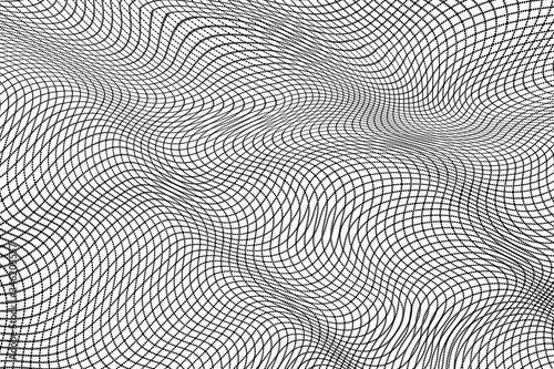 Abstract black and white wavy grid background. The geometric squared pattern. 3d vector mesh illustration. Distorted monochrome texture. Stripe deformation background. Dynamical rippled surface. 