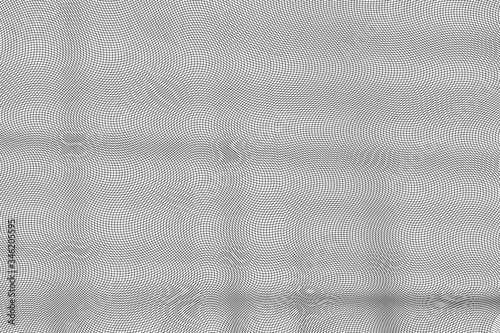 Abstract black and white wavy grid background. The geometric squared pattern. 3d vector mesh illustration. Distorted monochrome texture. Stripe deformation background. Dynamical rippled surface. 