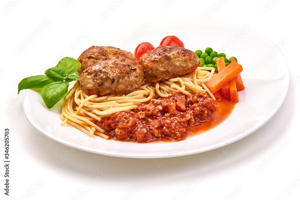 Baked Meatballs with spaghetti and tomato sauce, isolated on white background