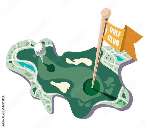 Colf club creative stock vector illustration. Golf course map with flag and golf ball. Stock vector map isometric illustration. 