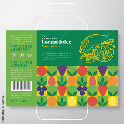 Fruit and Vegetables Pattern Juice Label Template. Abstract Vector Packaging Design Layout. Modern Typography Banner with Hand Drawn Lemon Silhouette Background.