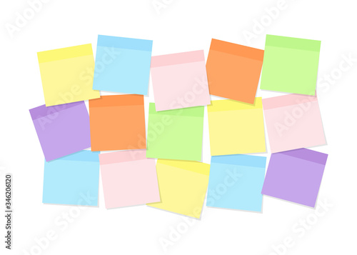 Colorful sticky note paper attached to board for memory notations, messages or tasks isolated on white background.