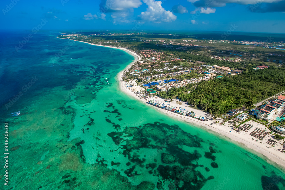 Punta Cana Bavaro beach aerial drone view  on tropical coastline in Cortecito area, Dominican republic  