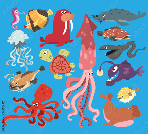 Vector greeting card bright color cartoon underwater world of marine life, fish, octopus, turtle