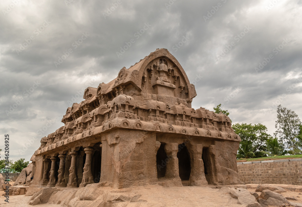 An ancient temple inside the Five Rathas complex at Mamallapuram in Tamil Nadu, India.