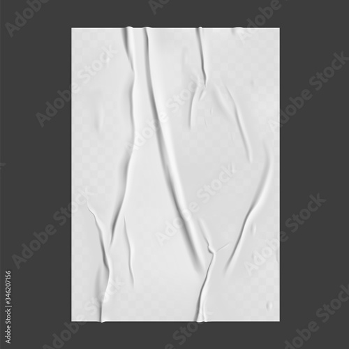 Glued paper with wet transparent wrinkled effect on gray background. White wet paper poster template with crumpled texture. Realistic vector posters mockup