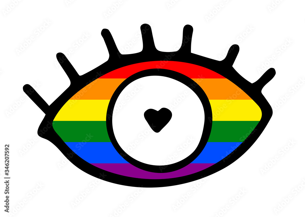 Hand-drawn black outline eye with eyelashes isolated on white background. Loving look with white Heart shaped eye of a rainbow color. Symbol of love, romance, equality, LGBT, gays, lesbians, Valentine Hand-drawn black outline eye with eyelashes isolated on white background. Loving look with white Heart shaped eye of a rainbow color. Symbol of love, romance, equality, LGBT, gays, lesbians, Valentine