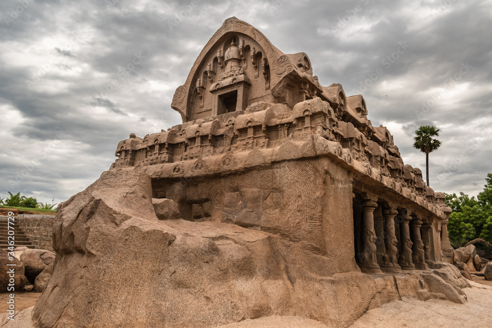 The ancient Five Rathas temple complex in the Unesco heritage site of Mamallapuram in Tamil Nadu, India.