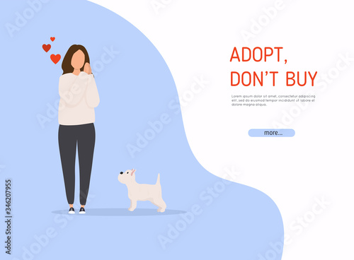 Woman adopting pet from animal shelter. Colorful vector illustration in flat style.