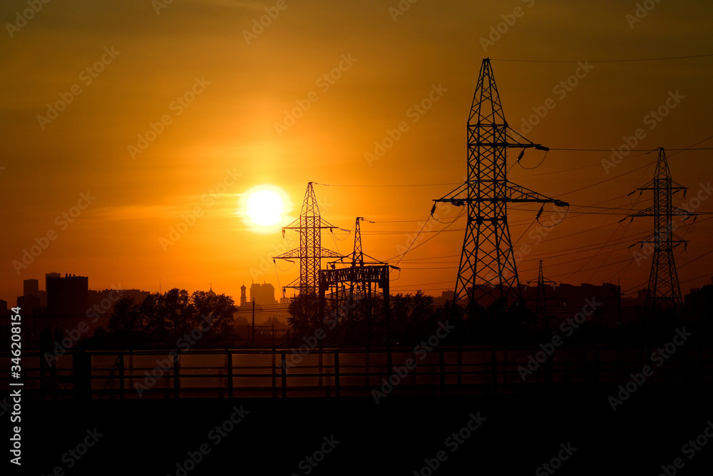 sunset in the city, electric network, sunset, solntse,