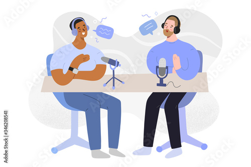 Radio interview, podcast host and guest talking, discussing and recording an audio program, vector cartoon illustration, characters in headphones with microphones, hand drawn flat art