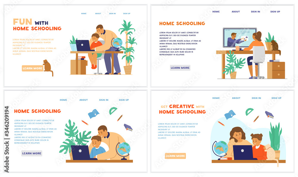 Homeschooling or online education website template set. Kid seats at table with parent or tutor and learning at home. Vector design. Homeschooling or online education website template set. Kid seats at table with parent or tutor and learning at home. Vector design.