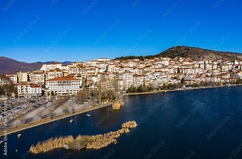 Aerial view the city of Kastoria and Lake Orestiada in northern Greek