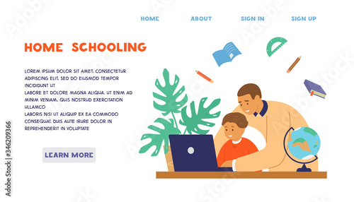 Homeschooling or online education website template set. Kid seats at table with parent or tutor and learning at home. Vector design.