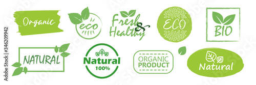 Big set of fresh eco organic grunge labels on a white background