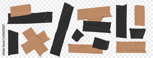Set masking tape. Torn tape. Vector realistic black adhesive and yellow masking tape pieces. Isolated vector illustration