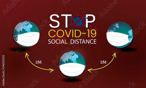 3 cartoons in the world wearing a mask, standing 2 meters apart for a social distance Prevent the spread of the corona virus. Stop the outbreak. Concept. Illustration/Vector