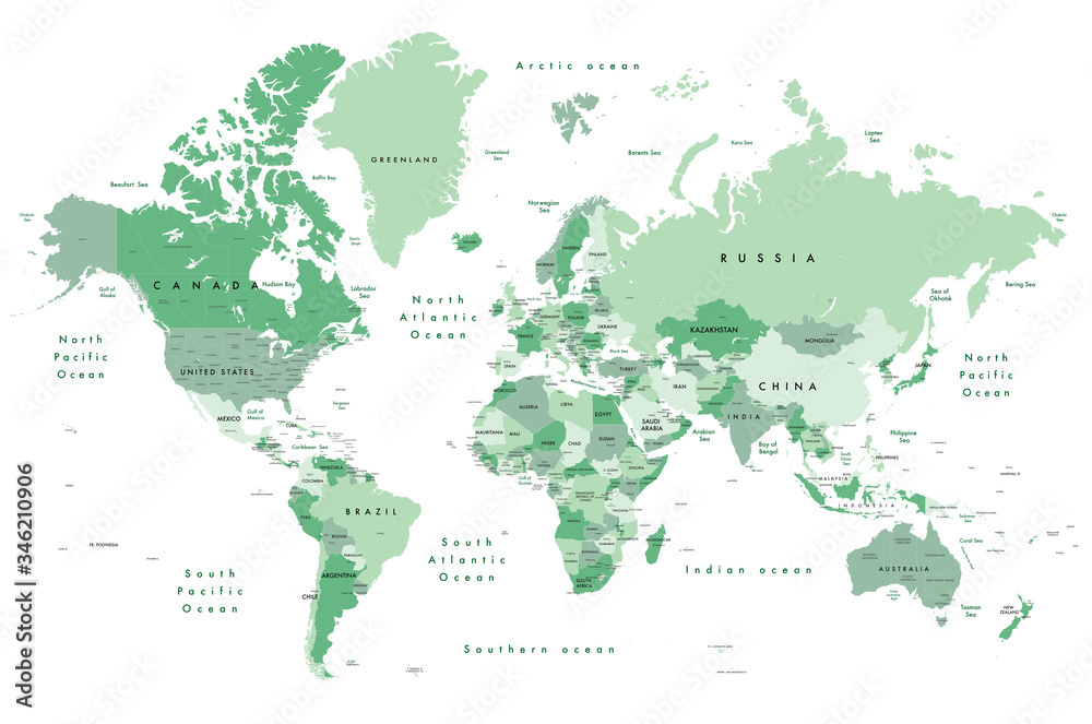 Illustration of a world map in shades of green, showing country names, State names (USA & Australia), capital cities, major lakes and oceans. Print at no less than 36