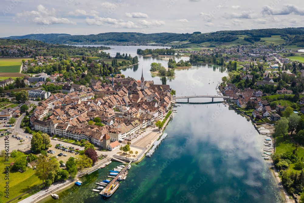 Aerial view of the .Stein am Rhein medieval village by the Rhine river in Canton Schaffhausen in east Switzerland