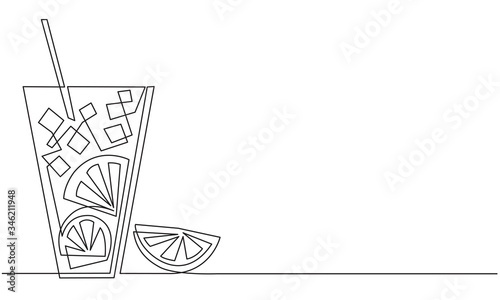 Lemonade. Glass of water with lemon and ice. A refreshing citrus drink. Detox. Diet food. Continuous line drawing. Vector sketch.