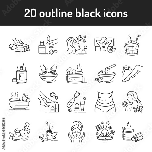 SPA black line icons set. Beauty treatment service. Pictogram for web page, mobile app, promo. UI UX GUI design element. Editable stroke